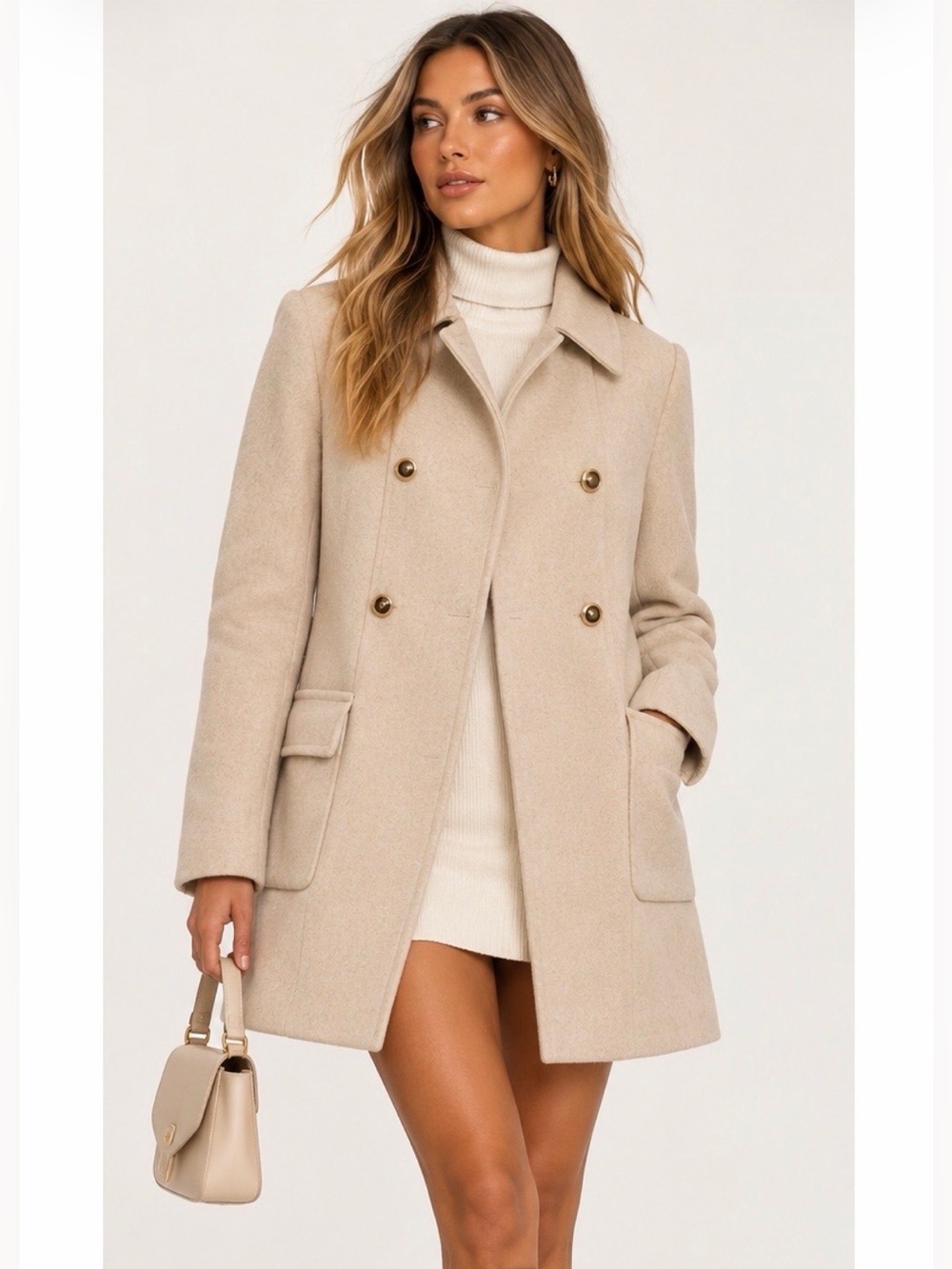 Zara Double-Breasted Cream Wool Coat